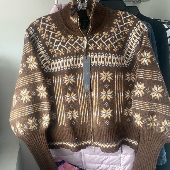 House of Harlow 1960 Sweaters - House of Harlow Brown Patterned Women's Sweater Zip Up